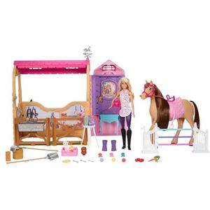 Barbie Speelset met pop, paard en accessoires, meer dan 25 delen met 6 speelplaatsen, geïnspireerd op Barbie Mysteries: het mysterieuze avontuur van het paard, JDN43