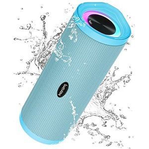 HEYSONG Enceinte Portable Bluetooth aux Basses Renforcées, Bluetooth 5.3, Étanche IPX7, Haut-Parleur Subwoofer à 360 Degrés, Autonomie 40 hrs, Stéréo, Lumière LED, AUX, TF Carte, pour Voyage -Azur