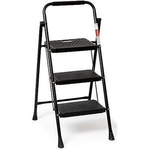 Mabel Home 3-traps opvouwbare trap met antislip pedaal, brede ladder, kleine ladder met handvat, robuuste stalen ladder, lichte en draagbare trapladder, zwart