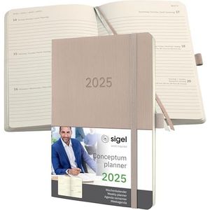 SIGEL Conceptum C2530 Agenda semainier 2025, env. A5, taupe, couverture souple, 192 pages, élastique, passant pour stylo, pochette d'archives, certifié PEFC, Conceptum