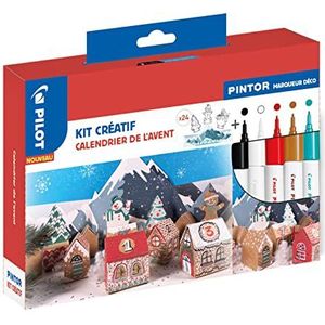 Pilot PINTOR 3131910414476 creatieve set – decoratieve marker – adventskalender + 5 markers fijne punt, metallic kleuren: zwart, wit, rood, bruin en groen