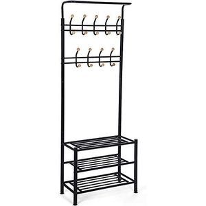 SONGMICS HSR04B Kapstok met schoenenrek met 3 lagen en 18 metalen haken, 68,8 x 35,2 x 187 cm, zwart