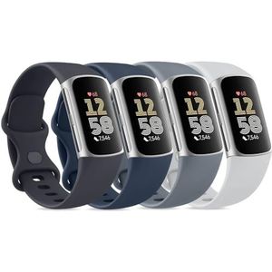 Vancle Horlogebandjes, set van 4, voor Fitbit Charge 6/Fitbit Charge 5, uniseks, zachte siliconen reservearmbanden voor Fitbit Charge 5/6L, marineblauw/zilver/donkerblauw (Midnight)/blauw