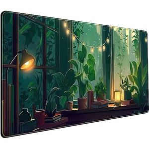 Mooie groene Lofi muismat met planten, geanimeerd bos, esthetisch, natuur, XXL muismat voor pc, laptop, toetsenbord, muismat voor dames, bureaudecoratie, gaming mat