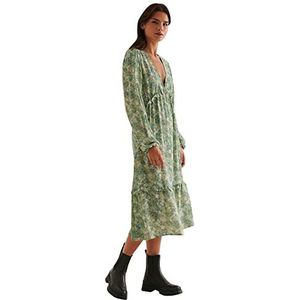 NA-KD Midi-jurk voor dames, casual, met ballonmouwen, midi-jurk, groen/bloem