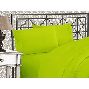Elegant Comfort Zachte 4-delige beddengoedset van microvezel in hotelkwaliteit 1500 met borduurwerk in drie lijnen, kreuk- en lichtbestendig, voor kingsize bed, limoengroen