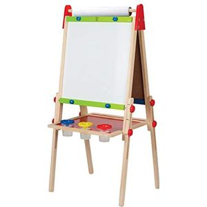 Hape alles-in-één houten schildersezel, met twee zijden, in hoogte verstelbaar, met papierrol, krijtbord en white board, magneten en 3 verfpotten