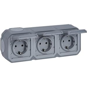 LEGRAND, Plexo New 069743L standaard Schuko stopcontact voor vochtige ruimtes, met klapdeksel, aanraakbeveiliging, stekkerklemmen, voorbedraad, horizontaal, IP44 - IK07, kleur: