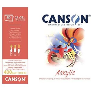 CANSON Acrylpapier, fijne korrel, 400 g/m², 188 lb, gelijmd blok, grote kant, 24 x 32 cm, natuurlijk wit, 50 vellen