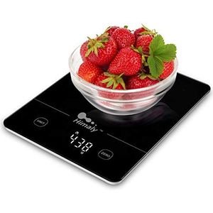 himaly Elektronische keukenweegschaal, digitale tarra-keukenweegschaal, nauwkeurigheid 5 kg, lcd-display, van gehard glas, multifunctioneel, vloeibare conversies, zwart (3 batterijen inbegrepen)