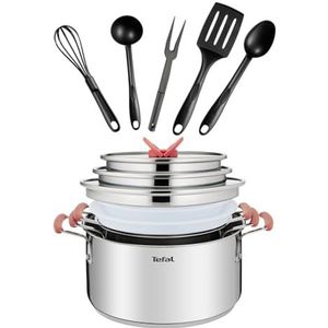 Tefal Opti'Space G720SD74 Kookgerei, 13-delig, kookpan + deksel, gebruiksvoorwerpen, inductie, roestvrij staal 18/10, hoge kwaliteit, stapelbaar, Opti'Space G720SD74