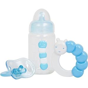 JC Toys - Set van 3 poppenaccessoires (fles, fopspeen en rammelaar), blauw, geschikt voor alle polsen tot 50 cm, 2 jaar