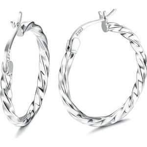 FIOROYAL 925 sterling zilveren creolen voor dames en meisjes, 18 karaat witgoud, hypoallergene gedraaide creolen, grote oorbellen 13/15/20/25/30/40/50/60 mm, zilver, Geen edelsteen