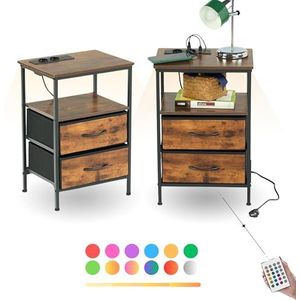 FurnitureR Set van 2 nachtkastjes met led-oplaadfunctie, bijzettafel met 2 laden, 2 AC-poorten, 2 USB-poorten, nachtkastjes voor woonkamer, slaapkamer, vintage bruin, 40 x 30 x 60 cm