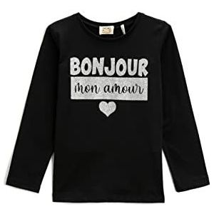 Koton Printed T-Shirt À Manches Longues en Coton avec Col Rond Fille, Noir (999)., 7-8 ans