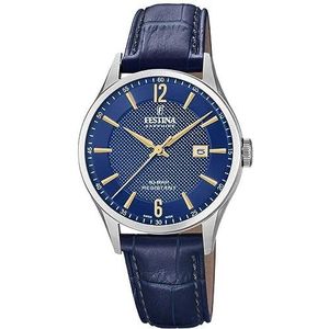 Festina Herenhorloge F20007/3 gemaakt in Zwitserland zilver roestvrij staal blauwe lederen band blauw/zilver/goud, groot, armband, blauw/zilver/goud, Armband