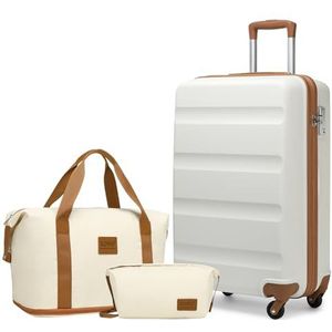 Kono Reiskofferset van hard ABS met TSA-slot, uitbreidbare reiskoffer en toilettas, crème, wit, Modieus