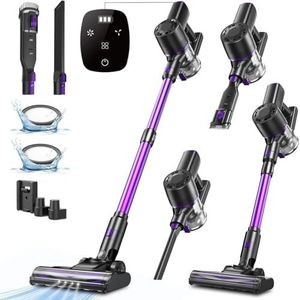 Vexilar V8PRO Draadloze stofzuiger, krachtige draadloze stofzuiger, 35 kpa, 40 minuten batterijduur, led-display, 4-traps cycloonfiltratie, stofzuiger voor harde vloeren/tapijten - paars
