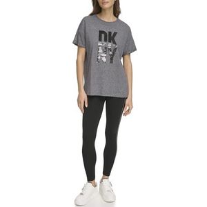 DKNY SPORT T-shirt avec logo à paillettes empilées pour femme, Noir, L
