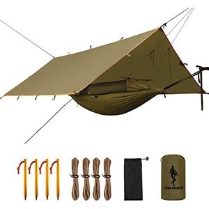 FREE SOLDIER Tactische hangmat, campinghangmat, camouflageset, 2 personen, licht, waterdicht, met muggennet, voor regen, 2 ophangstrips voor wandelen (bruin, hangmat)