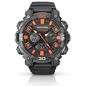 Sekonda Digitaal analoog horloge voor heren, 49 mm kunststof behuizing en armband, zwart/oranje, armband, Zwart/Oranje, Armband