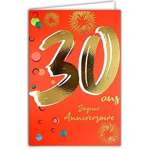 Afie 69-2430 verjaardagskaart voor de 30e verjaardag, goudkleurig, glanzend, gestructureerd, voor dames en heren, kleurrijke tekst, geschikt voor leeftijdsgroepen binnen, inclusief envelop, gemaakt in Frankrijk, ColorAges