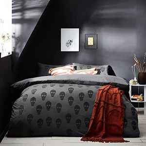 The Linen Yard Bedding set met doodskop motief, katoen, antraciet grijs