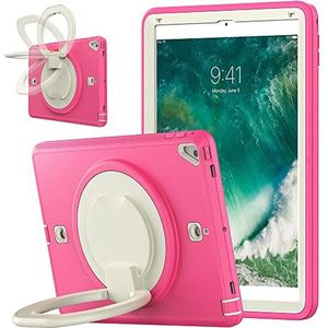 Beschermhoes voor iPad 2017/2018 9,7 inch (24,6 cm), drievoudige displaybescherming, schokbestendig, met standfunctie, 360 graden draaibaar, beige / roze