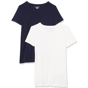 Amazon Essentials Set van 2 T-shirts voor dames met korte mouwen en ronde hals, klassieke pasvorm, marineblauw/wit, maat S