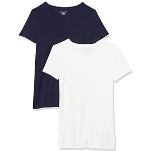 Amazon Essentials Set van 2 T-shirts voor dames met korte mouwen en ronde hals, klassieke pasvorm, marineblauw/wit, maat XL