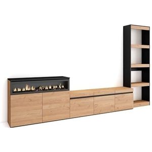 Skraut Home | TV-meubelset | compleet woonkamermeubel | 310 x 186 x 35 cm | voor tv's tot 65 inch | elektrische open haard | moderne stijl | eiken en zwart