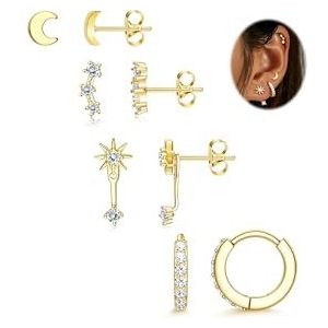 MILACOLATO 3-5 paar 14 karaat vergulde creolen voor dames, kleine stapelbare zilveren oorbellen met zirkonia voor meerdere piercings