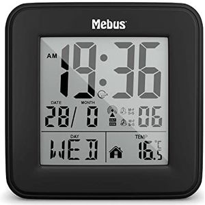 MEBUS Digitale Funk-Wecker met thermometer, verlichting en kalender, compact en stabiel/kleur: zwart/model: 25595