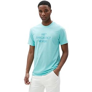 Koton T-shirt à manches courtes pour homme avec inscription « Slogan Printed Crew Neck Slim Fit », Turquoise (681), S