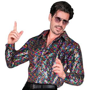 Widmann - Party Fashion Pailletten overhemd voor heren, regenboog, disco fever, drummer, overhemd voor heren