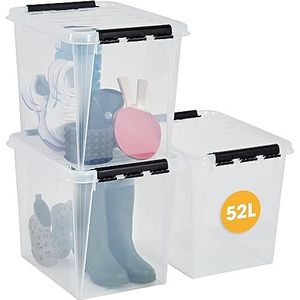 SmartStore Set van 3 kunststof opbergdozen, 52 l, kunststof bak met deksel, stapelbaar en stapelbaar, geschikt voor contact met levensmiddelen, BPA-vrije sluitclips, 50 x 39 x 41 cm