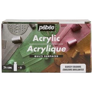 Pébéo - Acryl voor meerdere oppervlakken – set van 24 flessen 59 ml, glanzend, verschillende kleuren + accessoires – acrylverfset voor kunstenaars en beginners – 2 penselen – heldere en ondoorzichtige