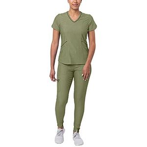 Adar Pro Moderne atletische scrubset voor dames, moderne V-hals scrub top & yoga, joggingbroek, peeling broek, Olijf gemêleerd.