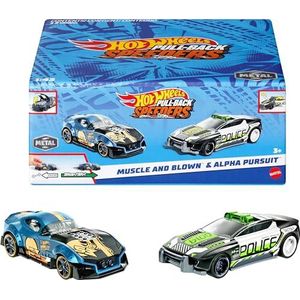 Hot Wheels HPR91 Set met 2 achteruitrijvoertuigen, high-performance voertuigen, om te verzamelen, met rolomatische motor, kofferbak, deur of motorkap, kinderspeelgoed, vanaf 3 jaar, HPR91