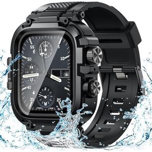 Neitra 3-in-1 waterdichte hoes met riemen voor Apple Watch Series, verstelbare reservearmband van robuust TPU, geïntegreerde displaybescherming, harde bumper voor en achter van polycarbonaat