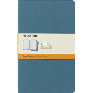 Moleskine Cahier Journal, Set 3 notebooks met gelijnde pagina's, kartonnen hoes met zichtbare katoenen plakken, kleur Brisk blauw, groot 13 x 21 cm, 80 pagina's