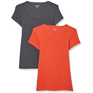 Amazon Essentials Set van 2 T-shirts voor dames met korte mouwen en ronde hals, slim fit, antraciet gemêleerd/tomaat rood, maat L