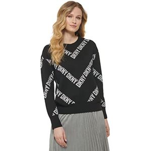 DKNY Sweat-shirt à col rond à manches longues avec logo Allover Maillot de survêtement pour femme, Black/Flint Heather, XXS