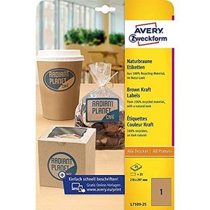 Avery Zweckform L7109-25 etiketten van kraftpapier (25 stickers om te printen, 210 x 297 mm op A4-formaat, zelfklevende etiketten, rechthoekig, recyclebaar, natuurbruin, 25 stuks