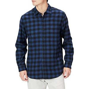 Amazon Essentials Flanellen overhemd voor heren met lange mouwen (verkrijgbaar in grote maten) - Zwart en blauw Schots patroon - Maat S