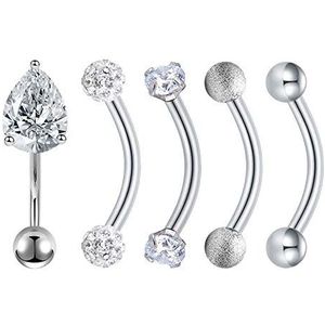 Longita 5 stuks wenkbrauwpiercing, bananenpiercing, barbell, gebogen, wenkbrauw, lip, tragus, oorbellen, 16 g, 6 mm, roestvrij staal