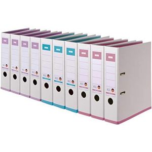 Origineel DINOR Ordner NiceColor. Made in Germany. 10 stuks geassorteerde kleuren 8 cm breed DIN A4 Kunststof kaft buiten en binnen in de kleuren wit-roze, wit-paars, wit-turquoise.