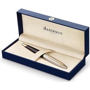 Waterman Carène Deluxe balpen | glanzend zwart en verzilverd met 23 k gouden clip | medium punt | blauwe inktcartridge | geschenkdoos