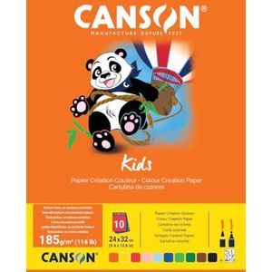 CANSON Kids, tekenpapier, kleurrijk, glad, 185 g/m, 114 lb, blok met kleine pagina's, 24 x 32 cm, 10 verschillende kleuren, 10 vellen