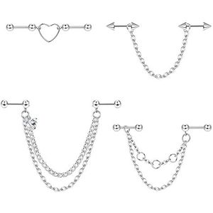 Diamday Industriële oorbellen met Barbell-ketting, industriële piercing, sieraden, 14 g, 16 g, chirurgisch staal, industriële staaf, piercing, dubbele kraakbeen, helix, voor dames en heren, Roestvrij